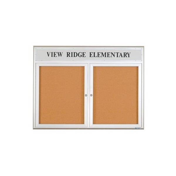 Corkboard, Double Door, Radius Frame, Header, 42x32", Black/Amethyst